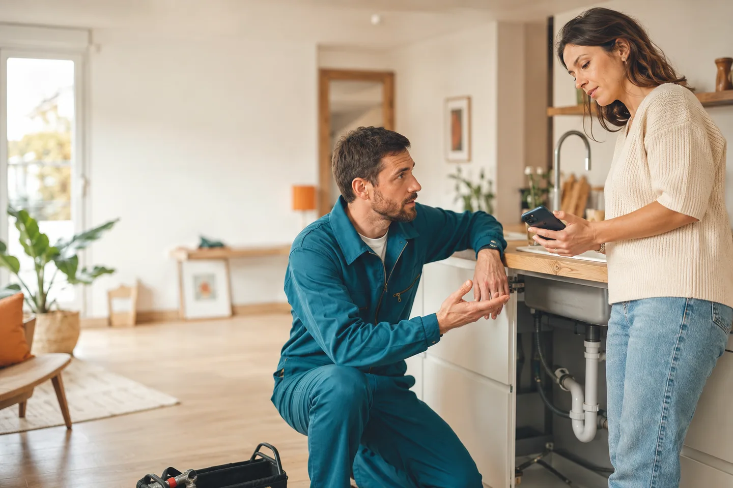 Cliente y profesional preparando un trabajo en una vivienda
